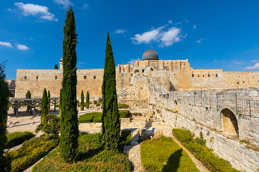 Jerusalem, Israel - October 13, 2017: Umayyad Palace Garden archeological park at south wall of Temple Mount and Al-Aqsa Mosque in Jerusalem Old City