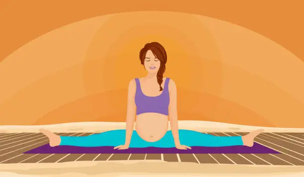 Vector illustration of Prenatal Yoga. Upavistha Konasana pose during pregnancy. Beautiful young pregnant woman executing exercises, practicing yoga. . Pregnant woman doing splits. Yoga work out.