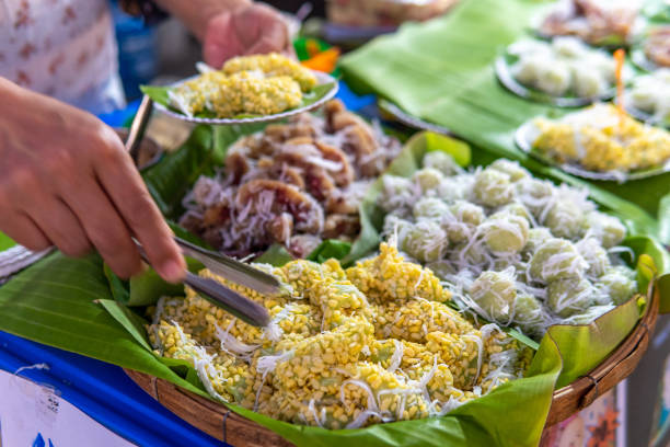 Laos Desserts, Corn and coconut street food in Thailand stock photo