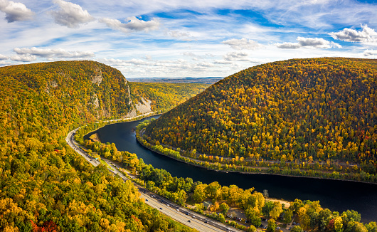 Aerial view of Delaware Water Gap on a sunny autumn day. The Delaware Water Gap is a water gap on the border of the U.S. states of New Jersey and Pennsylvania