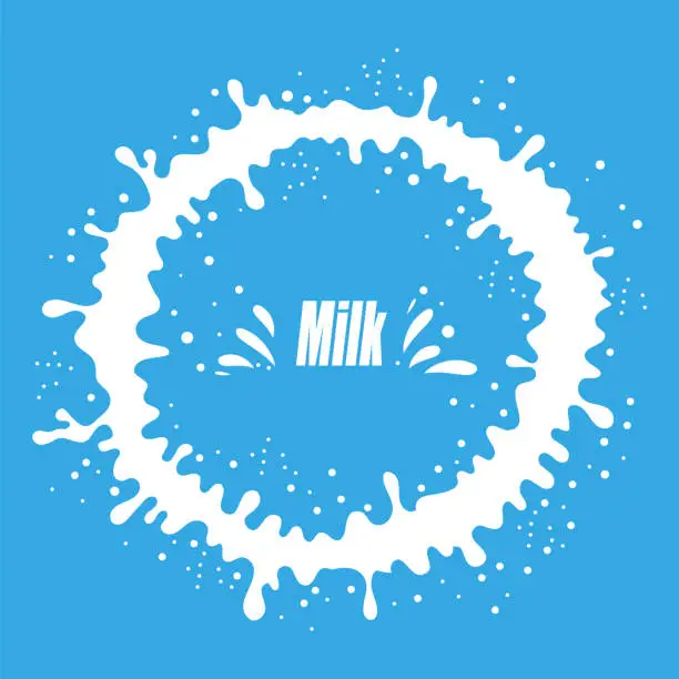 Vector illustration of Pouring Milk Splash on Blue Background. White Creamy Liquid Drops. Fresh Farm Milky Flow Drink. Minimalist Poster