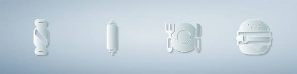set candy, rolling pin, plate, fork knife and burger. paper art style. vector - rolling fork 幅插畫檔、美工圖案、卡通及圖標