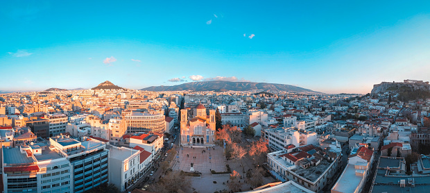 Drone aerial view of  the Acropolis of Athens during golden hour