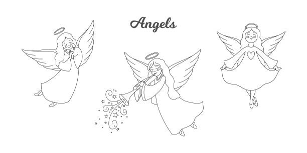 drei verschiedene lineare engel illustrationen - engelskostüm stock-grafiken, -clipart, -cartoons und -symbole