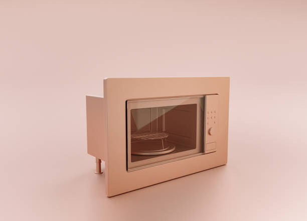 istock Anodized Rose Gold Material single color kitchen appliance, Build-in Microwave, on light pinkish color background, 3d rendering, utensil 1362110260