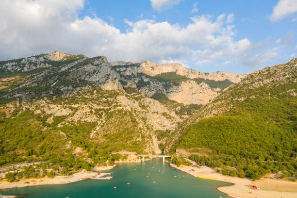 The Gorges du Verdon and the Lake of Sainte Croix in the middle of the forest in Europe, in France, Provence Alpes Cote d'Azur, in the Var, in summer, on a sunny day. stock photo