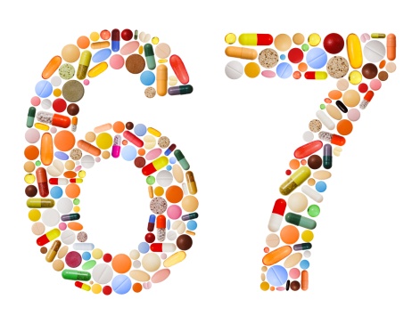 Numbers 6 and 7 made of various colorful pills, capsules and tablets