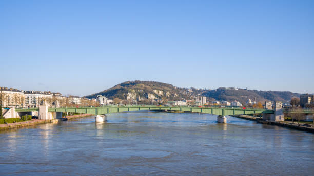The bridge of Rouen over the Seine in Europe, in France, in Normandy, in Winter, on a sunny day. stock photo
