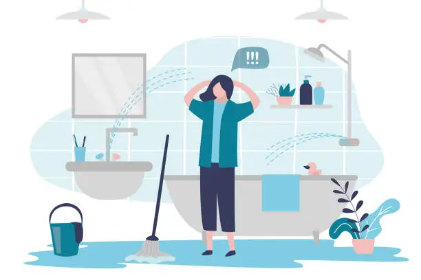 Vector illustration of Woman cleans up mess in bath with mop. Unpleasant incident in bathroom. Faucets in restroom broken