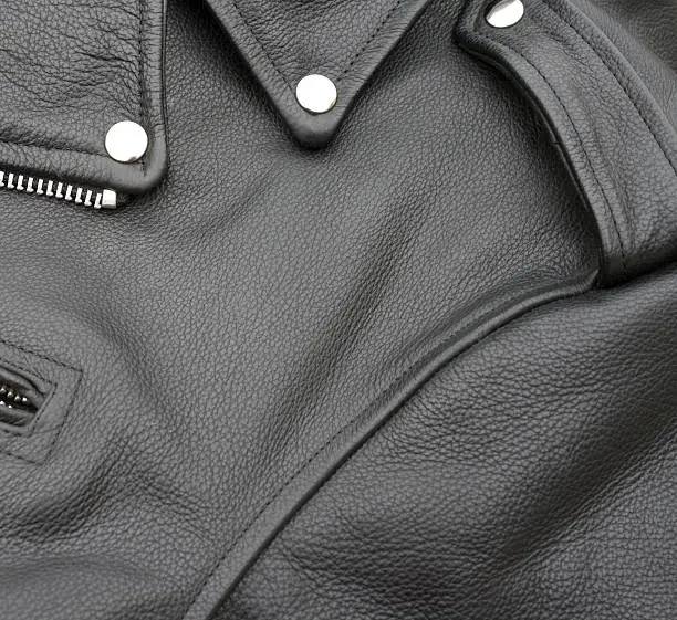 Photo of Close up of a black leather biker jacket