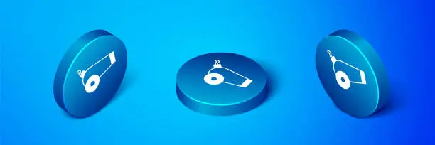 Vector illustration of Isometric Cannon icon isolated on blue background. Blue circle button. Vector