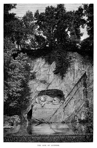 The lion of Lucerne (1821) by Danish Sculptor  Bertel Thorvaldsen - Scanned Engraving
