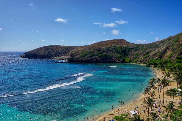 hermoso paisaje en una bahía en oahu, hawái - hanauma bay hawaii islands oahu bay fotografías e imágenes de stock