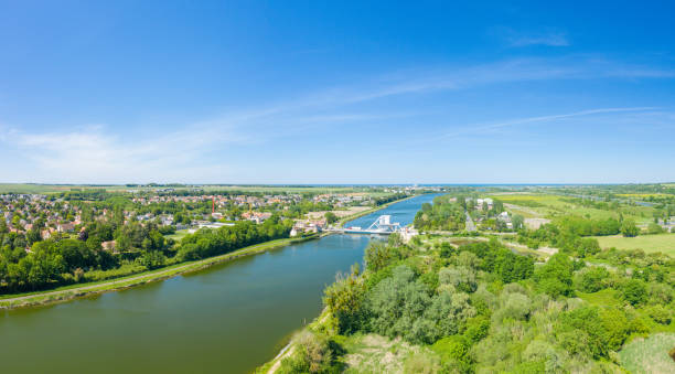 The panoramic view of the Pegasus Bridge in Europe, France, Normandy, towards Caen, Ranville, summer, on a sunny day. stock photo
