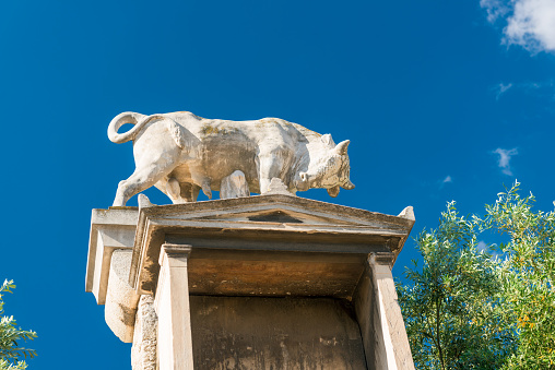 Statue of Bull in archaeological site of  Kerameikos, the cemetery of ancient Athens in Greece