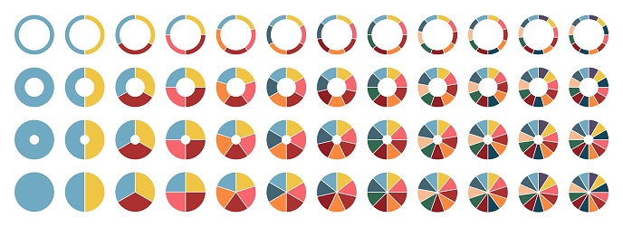 Circle pie chart. 2,3,4,5,6,7,8,9,10 11 12 sections or steps Flat process cycle Progress sectors