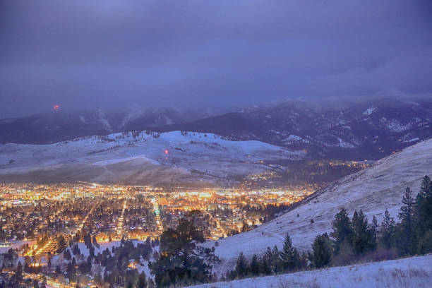 Missoula Valley Night 2 Missoula valley night photo with streetlights, downtown and Rattlesnake neighborhoods. missoula stock pictures, royalty-free photos & images