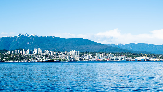 A panorama photo of the entire beautiful City of North Vancouver, British Columbia, Canada. You can see the mountains behind, and the navy blue ocean waves in front of the harbor city.