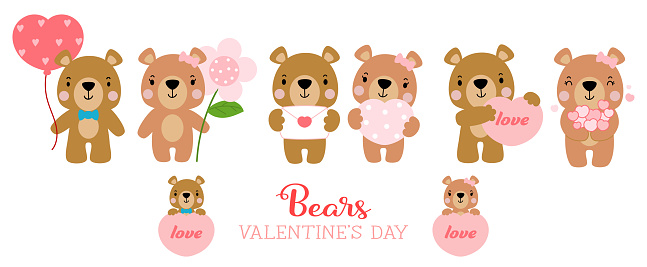 cute teddy bear love set valentines day with elements, Falt vector