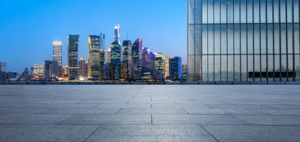 istock Panoramic skyline and modern buildings with empty floor in Shanghai 1362162736
