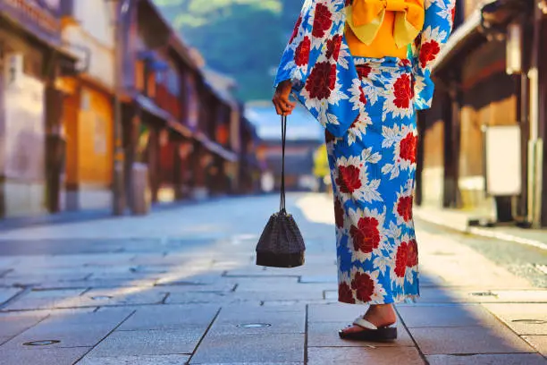 woman wearing a kimono and Kanazawa City, Japan