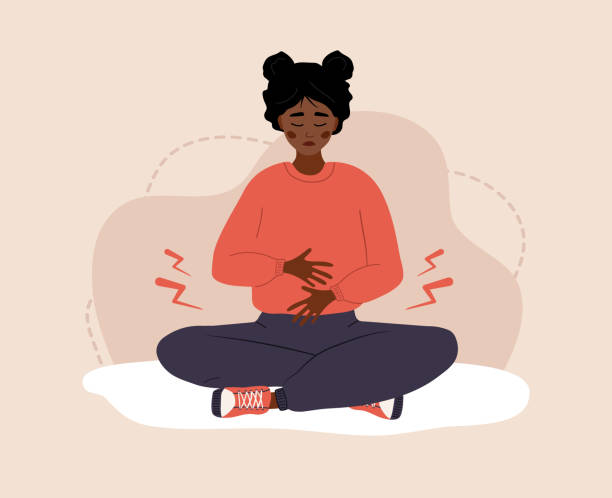 Menstrual pain. Sad african woman with abdominal cramps or pms symptoms. Female critical day problems. Vector illustration in flat cartoon style Menstrual pain. Sad african woman with abdominal cramps or pms symptoms. Female critical day problems. Vector illustration in flat cartoon style. pms stock illustrations