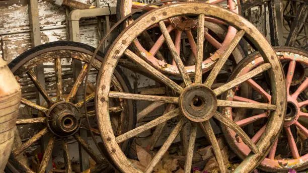 Photo of Old Wooden Hourse Cart Wheels, Rural Scene