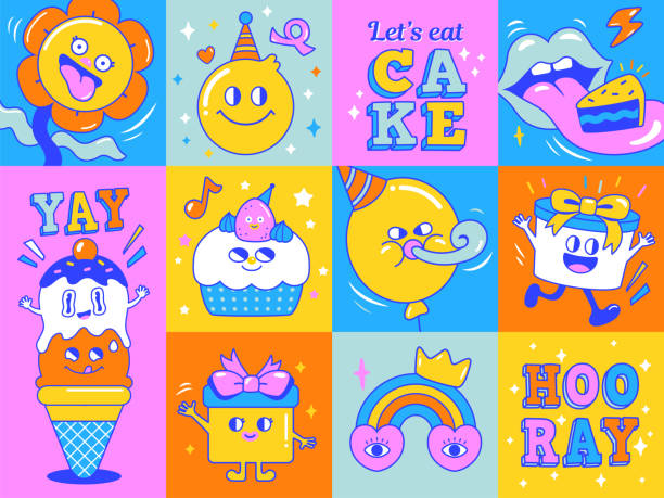 Happy Birthday Birthday greeting card with funny and cute characters design. cake stock illustrations