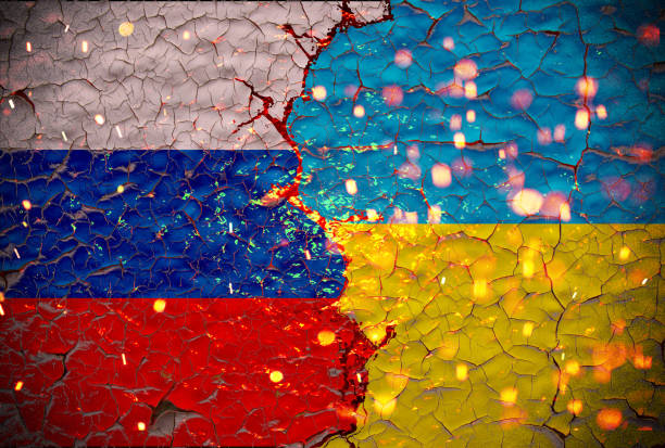 istock Grunge Russia VS Ukraine national flags icon pattern isolated on broken cracked wall background, abstract international political relationship friendship divided conflicts concept texture wallpaper. 1362181602