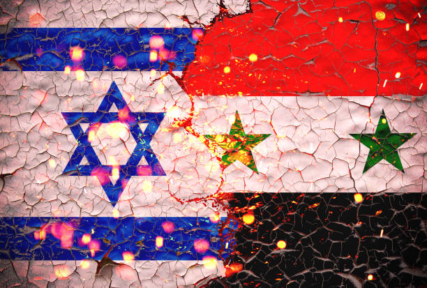 istock Grunge Israel vs Syria national flags icon pattern isolated on broken cracked wall background, abstract international political relationship friendship divided conflicts concept wallpaper. 1362181641