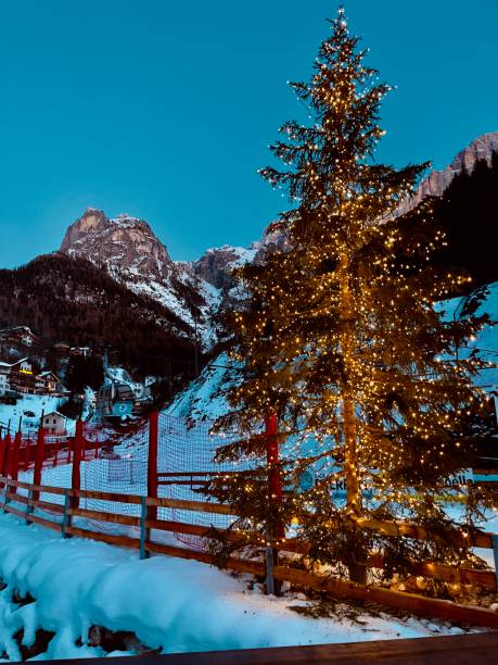 istock Christmas tree at Alleghe Civetta ski resort with blue sky on background 1362183050