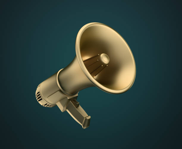 golden megaphone on a dark background - gold medal audio imagens e fotografias de stock