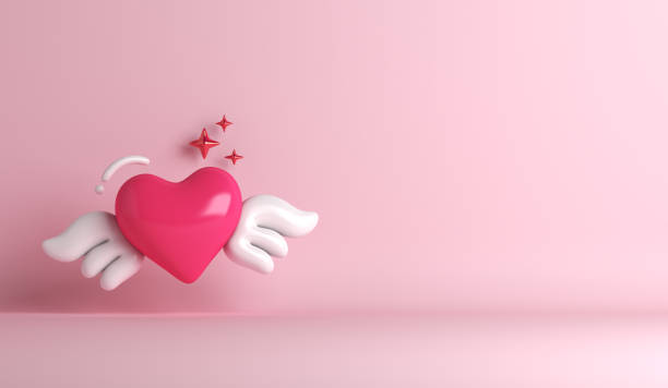 Happy Valentines day background with heart wing, copy space text, 3D rendering illustration Happy Valentines day background with heart wing, copy space text, 3D rendering illustration winged cherub stock pictures, royalty-free photos & images