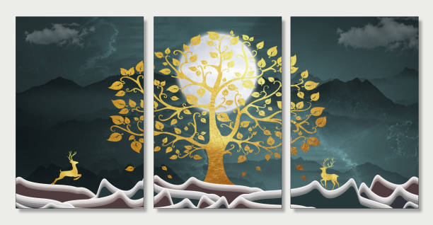 istock 3d modern art mural wallpaper with a dark background. golden Christmas tree, mountain, white moon, and deers. 1362187983