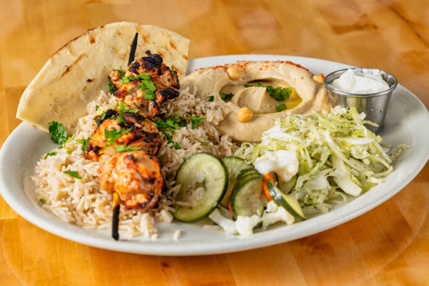 istock Chicken Kabob Plate with Hummas, Rice, Vegetables 1362188720