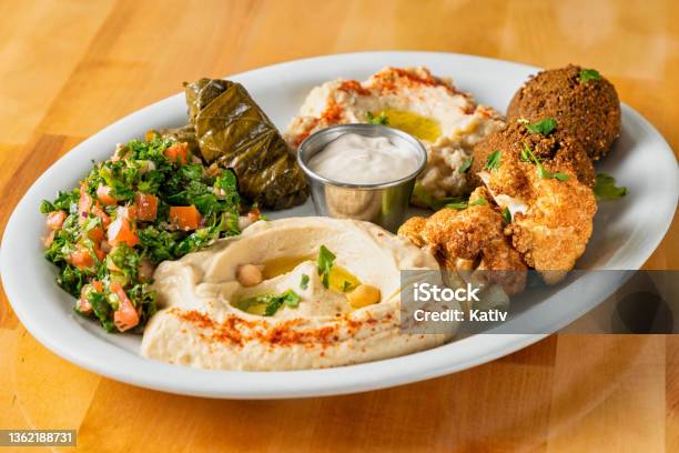 Delicious Lebanese Vegan Food Mezza Stock Photo - Download Image Now - Falafel, Middle Eastern Culture, Pita Bread