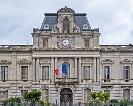 View of the facade of the Hotel de Prefecture del Herault building, in Montpellier, France.