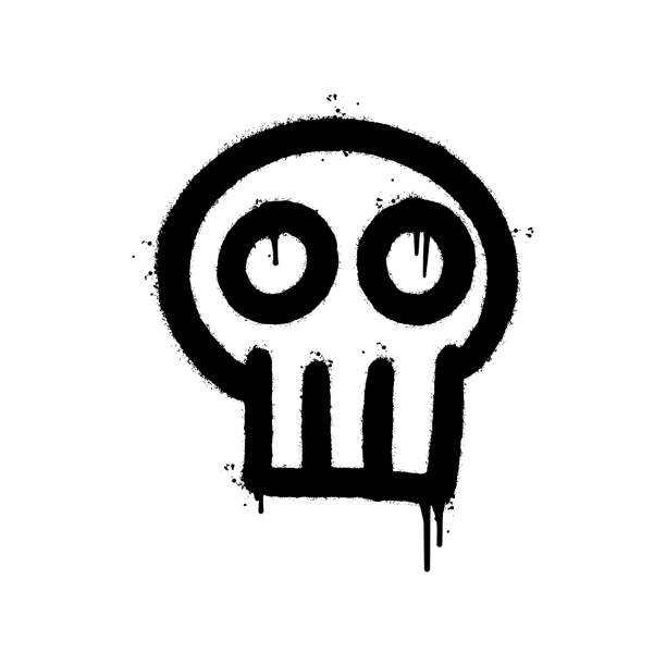 illustrations, cliparts, dessins animés et icônes de graffiti spray crâne avec sur-spray en noir sur blanc. illustration vectorielle. - crâne