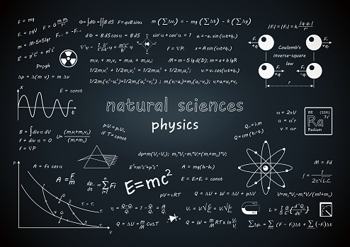 Background of a chalk board covered with written physical formulas. Backdrop for natural sciences, physics.