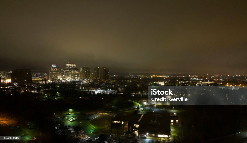 Night Skyline Downtown Reston, Virginia at night. Reston Stock Photo