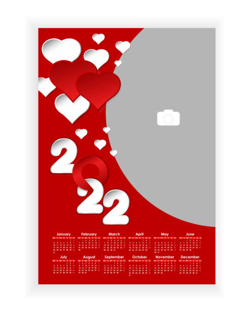 wandfotokalender 2022. schöne, vertikale fotokalendervorlage mit herz. kalendergestaltung 2022 jahr auf englisch. die woche beginnt am montag. vektorillustration - calendar wall valentines day cute stock-grafiken, -clipart, -cartoons und -symbole