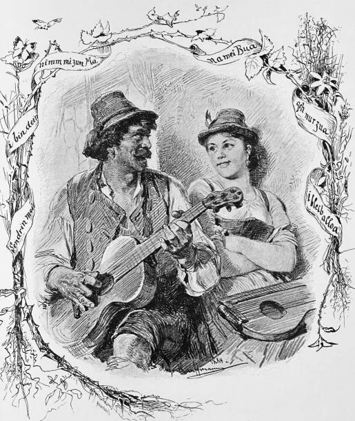 ilustraciones, imágenes clip art, dibujos animados e iconos de stock de pareja de músicos enamorados - 1884