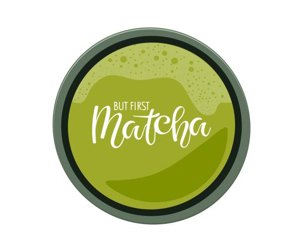 aber zuerst matcha handgeschriebene kalligraphie schriftzug auf green tea bowl mit traditionellem japanischen getränk. matcha grüner tee. handgemachte keramikschüssel mit gesundem getränk. flache vektorillustration isoliert - japanese tea cup stock-grafiken, -clipart, -cartoons und -symbole