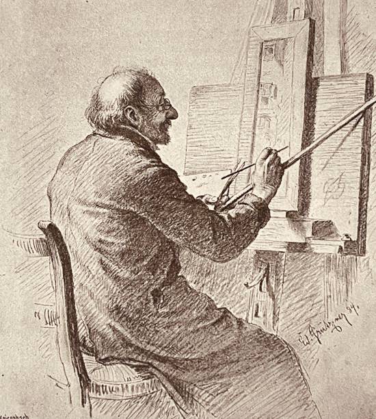 ilustraciones, imágenes clip art, dibujos animados e iconos de stock de pintor alemán carl spitzweg pintando en el caballete - 1884