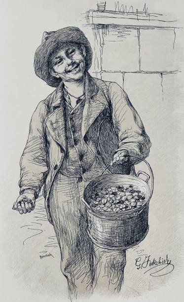 ilustraciones, imágenes clip art, dibujos animados e iconos de stock de niño que sostiene una cacerola ofrece castañas calientes - 1884