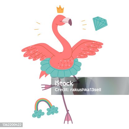 istock pretty pink flamingo princess dance ballet. African bird cartoon flat illustration. 1362200422