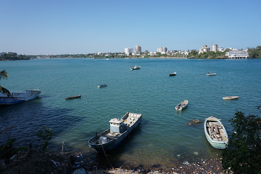 Waterfront in Mombasa with a couple of fisher boats, Kenya