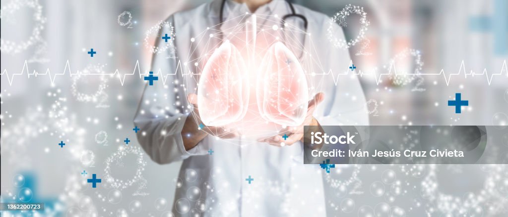 Doctor holding hologram of human lungs surrounded by oxygen as a concept of respiratory health. Respiratory Disease Stock Photo