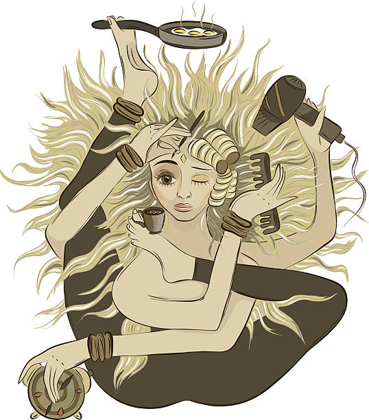 Woman in the morning A shiva style woman is making up, brusing her hair and drinking morning coffee. Vector illustration EPS8. Layered by parts of the body, colors and lines. No effects used. human hair comb combing cartoon stock illustrations