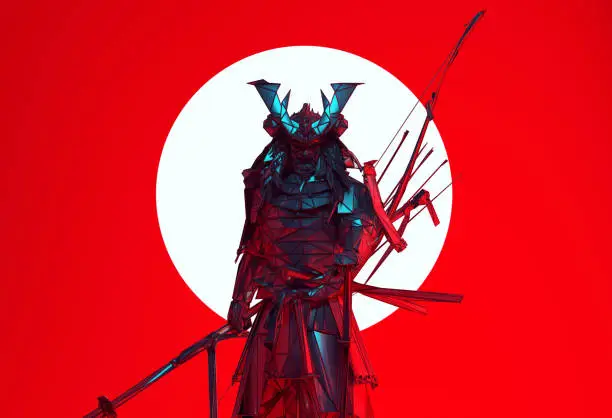 Silver Japanese Samurai Cyber Punk Warrior Polygon Form with Large White Sphere Sun with Red Background Futuristic Silhouette 3d illustration 3d render